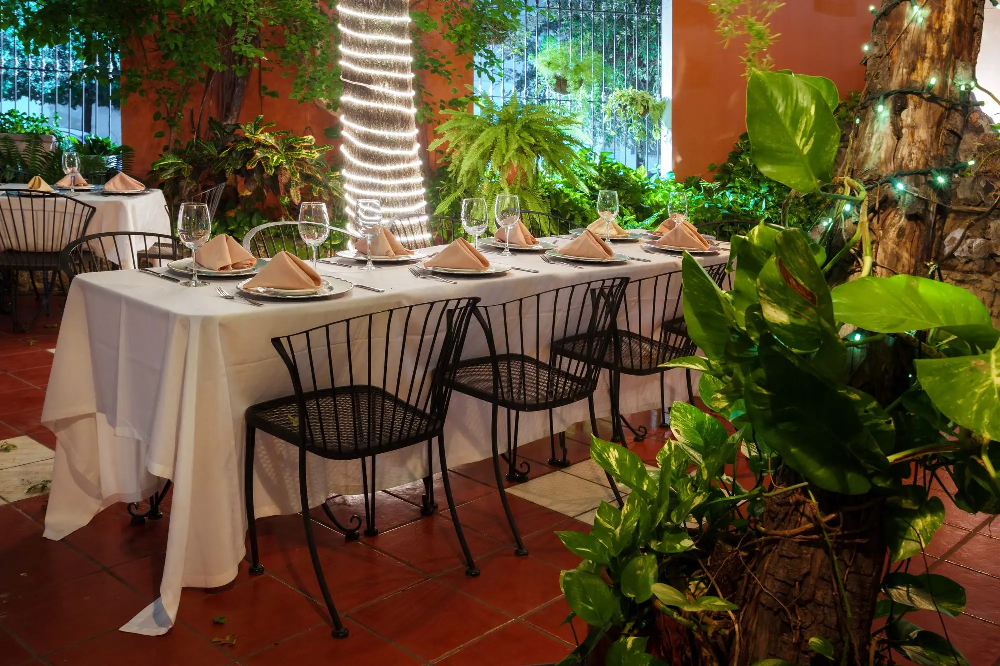 A table dressed in white among the plants of the Garden, next to the tree of lights